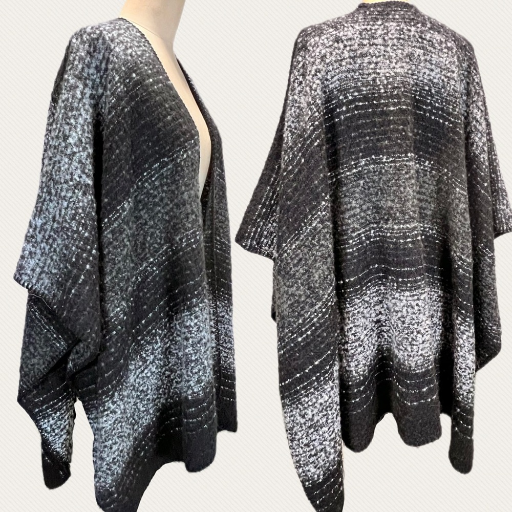 Woolrich duster wrap cape cozy fuzzy sweater neutral stripe boho earthy artsy